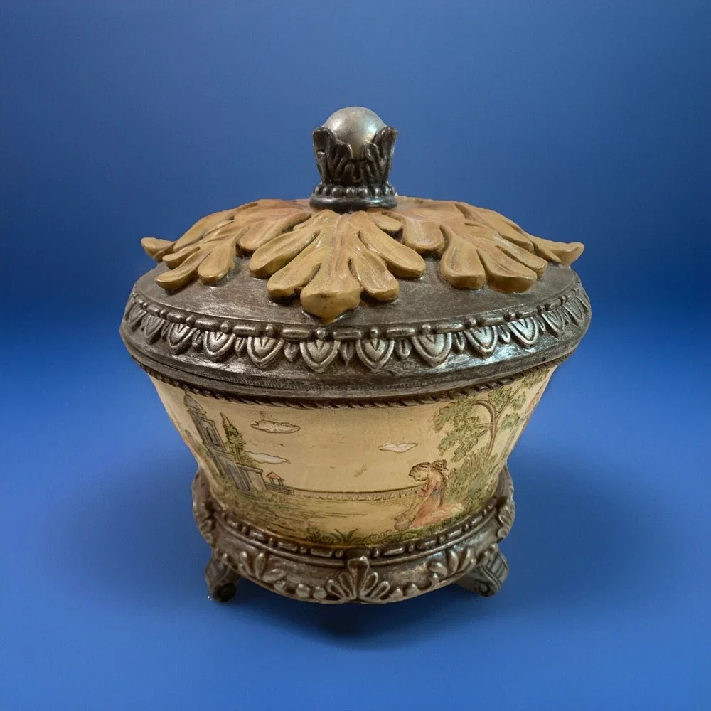 Vintage Trinket Jewelry Box w/Lid Resin‎ Filigree Pattern Maiden In Field